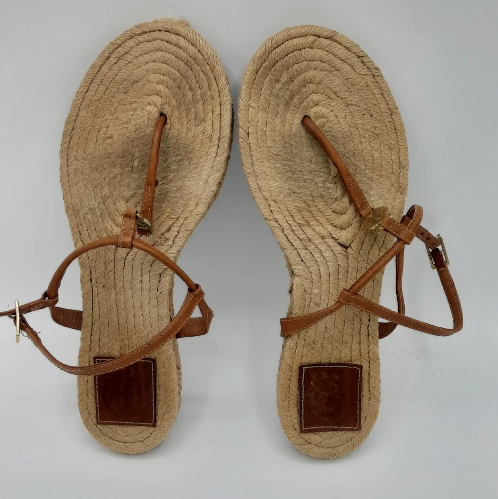 Tory Burch Emmy Brown Leather Espadrille Flat Thong Sandal.